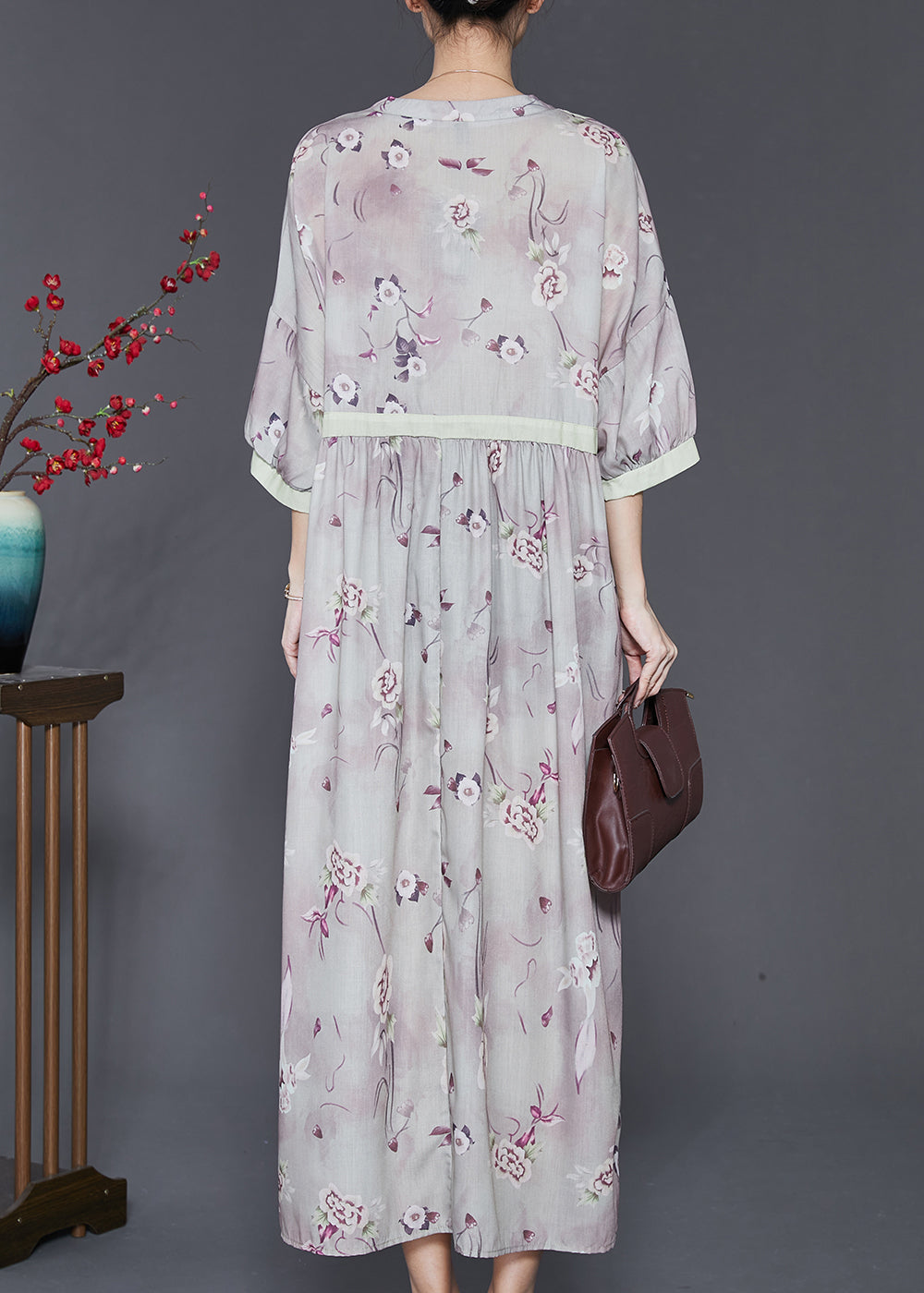 Vintage Light Purple V Neck Print Linen Dress Summer SD1023