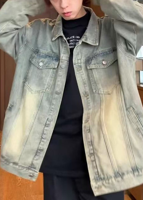 Manteau vintage jaune en denim pour homme, col Peter Mud, bouton Pan