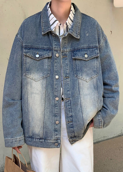 Manteau vintage jaune en denim pour homme, col Peter Mud, bouton Pan