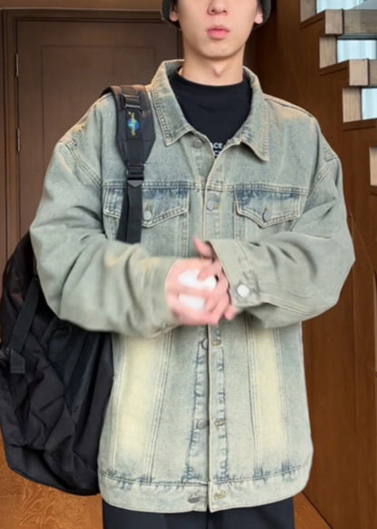 Manteau vintage jaune en denim pour homme, col Peter Mud, bouton Pan