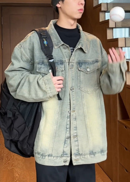 Manteau vintage jaune en denim pour homme, col Peter Mud, bouton Pan