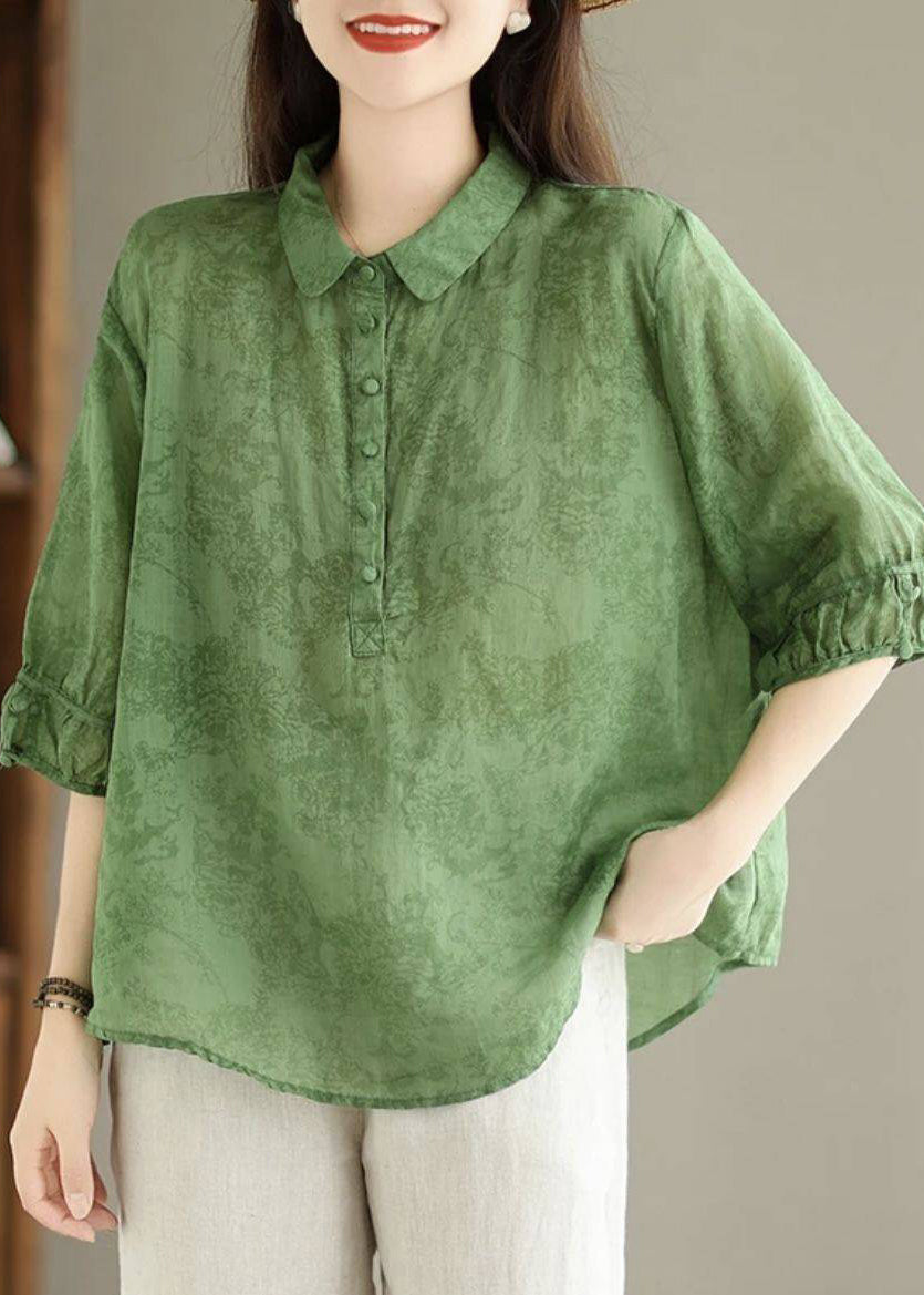 Navy Pan Collar Summer Cotton Vintage Print Peter Shirt Top