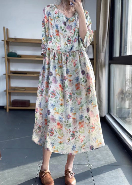 Vintage O Neck Print Patchwork Cotton Dress Bracelet Sleeve LK012