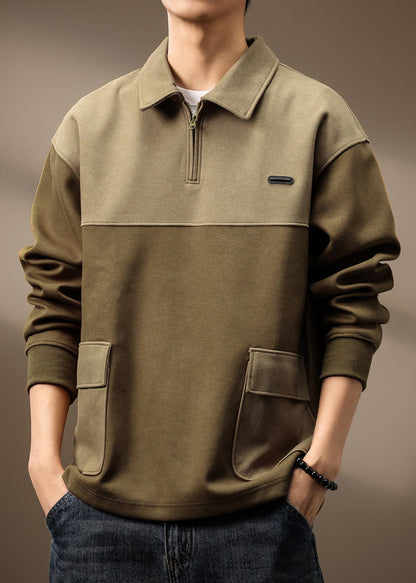 Sweat-shirt vintage en coton avec fermeture éclair et poches vert olive pour homme, patchwork TC014