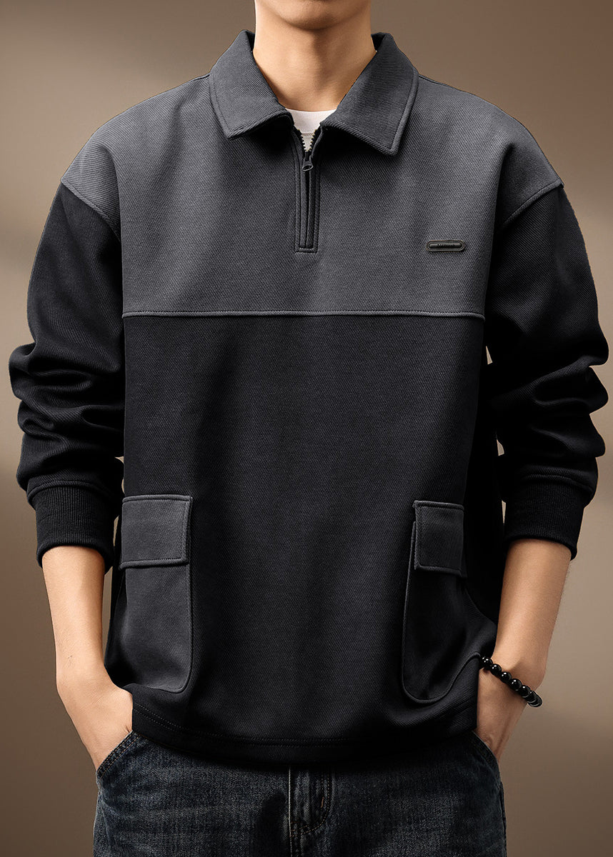 Sweat-shirt vintage en coton avec fermeture éclair et poches vert olive pour homme, patchwork TC014