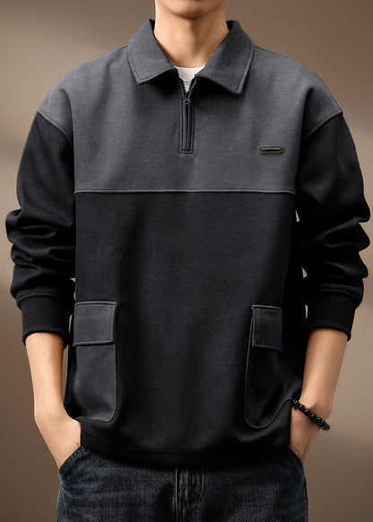 Sweat-shirt vintage en coton avec fermeture éclair et poches vert olive pour homme, patchwork TC014