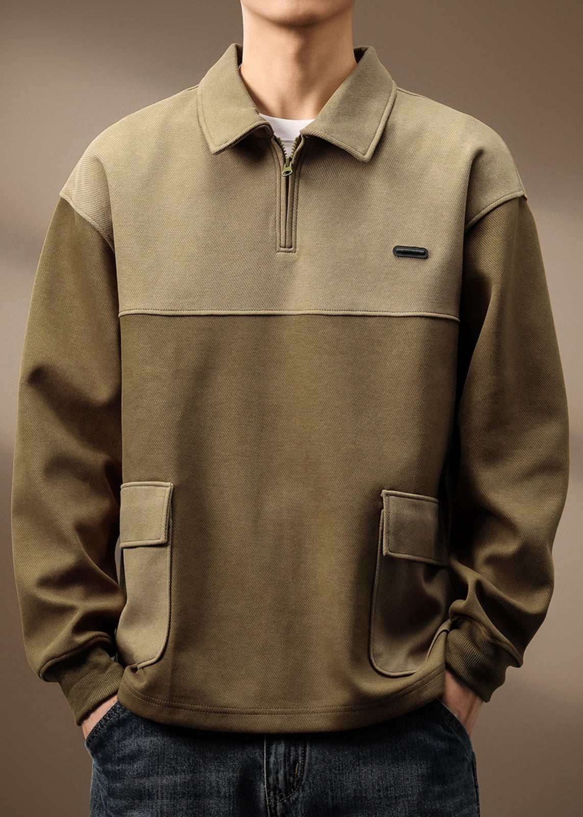 Sweat-shirt vintage en coton avec fermeture éclair et poches vert olive pour homme, patchwork TC014