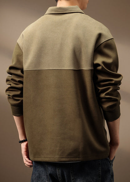Sweat-shirt vintage en coton avec fermeture éclair et poches vert olive pour homme, patchwork TC014