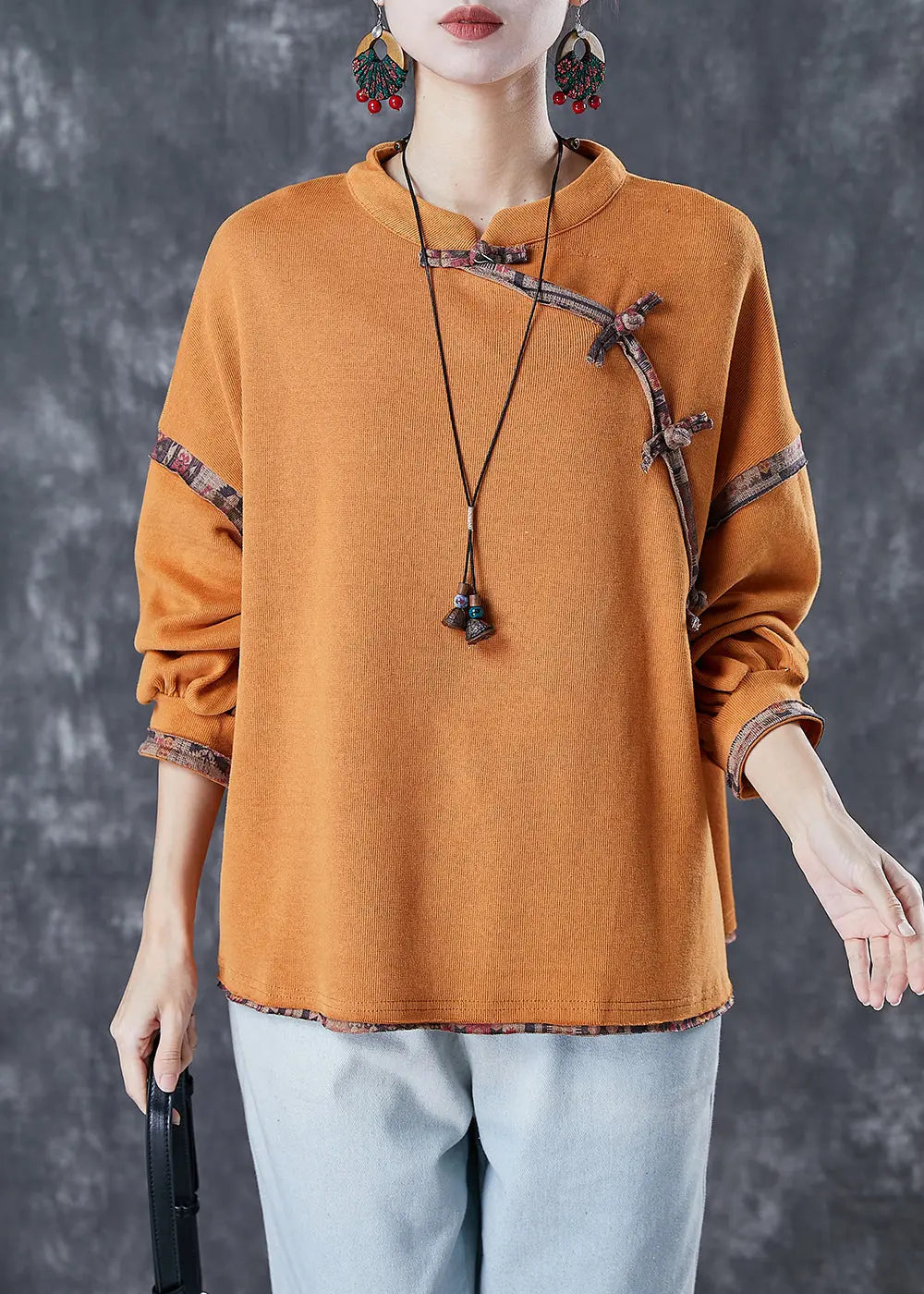 Vintage Orange Chinese Button Patchwork Cotton Shirt Tops Spring Ada Fashion