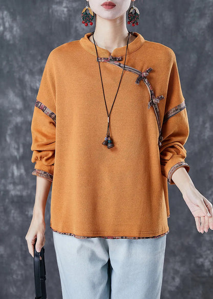 Vintage Orange Chinese Button Patchwork Cotton Shirt Tops Spring Ada Fashion