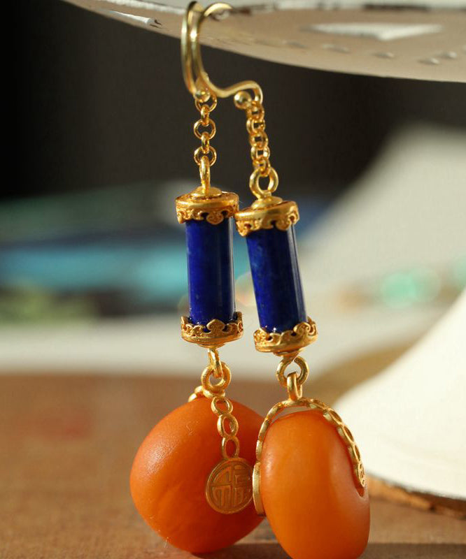 Vintage Orange Sterling Silver Overgild Amber Honey Wax Drop Earrings GH1087