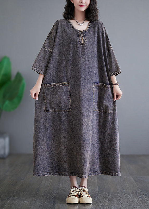Vintage Patchwork Pockets Holiday Denim Long Dress Bracelet Sleeve GH1054