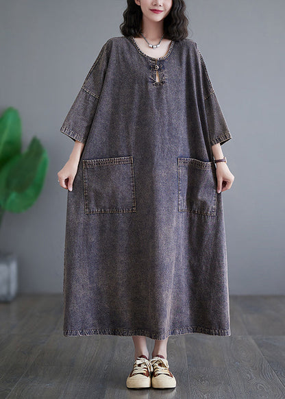 Vintage Patchwork Pockets Holiday Denim Long Dress Bracelet Sleeve GH1054
