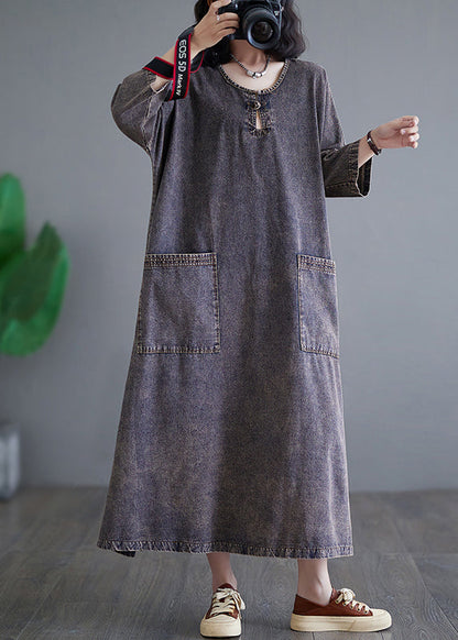 Vintage Patchwork Pockets Holiday Denim Long Dress Bracelet Sleeve GH1054