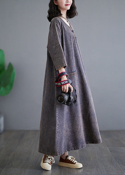 Vintage Patchwork Pockets Holiday Denim Long Dress Bracelet Sleeve GH1054
