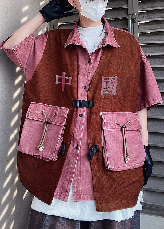Stücke Zwei Männer Patchwork Falsche Halb Übergroße Rosa Shirts