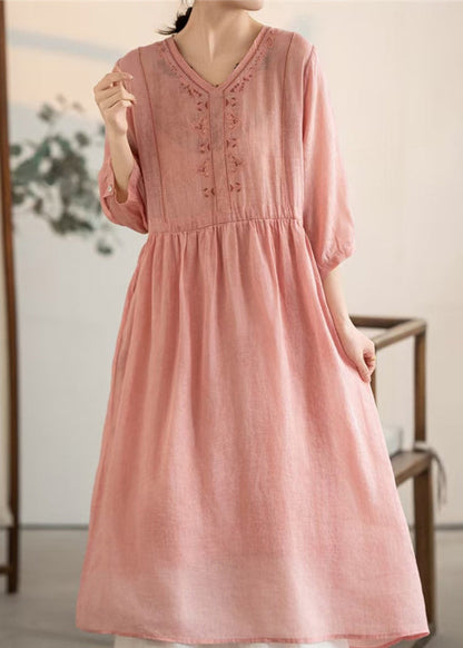 V Patchwork Vintage Rosa Sommerkleider Leinen Hals