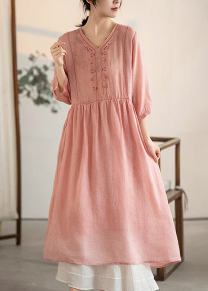 V Patchwork Vintage Rosa Sommerkleider Leinen Hals