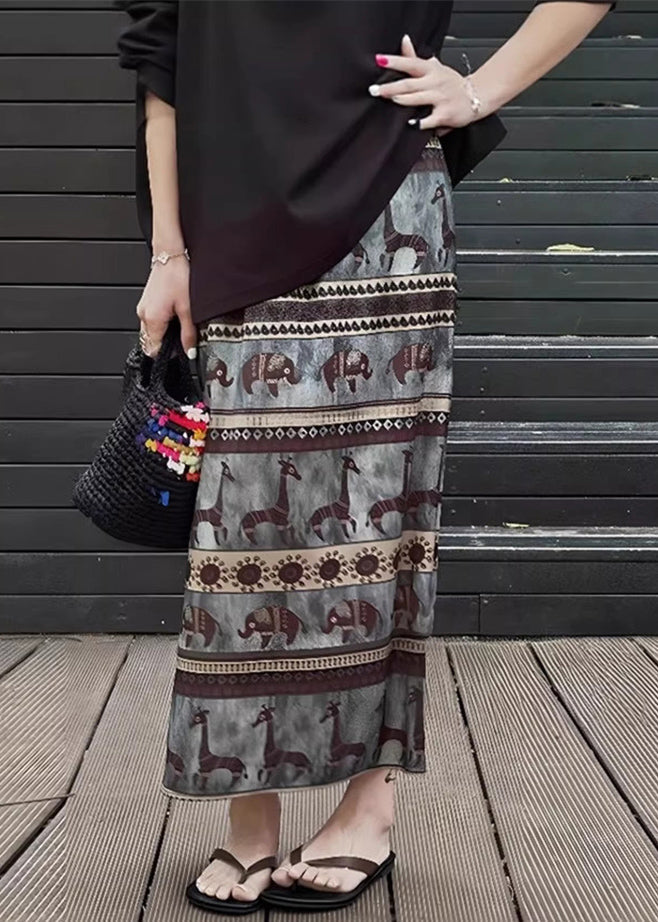 Summer Vintage Print Waist Elastic Cotton Skirt Side Open
