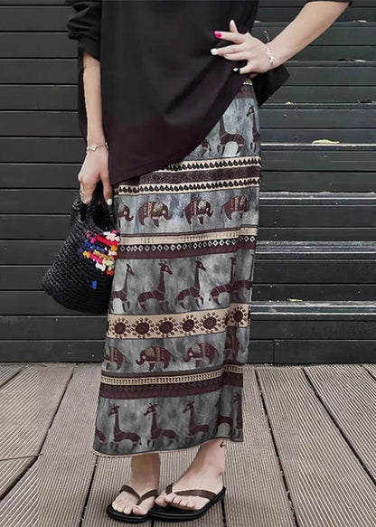 Summer Vintage Print Waist Elastic Cotton Skirt Side Open