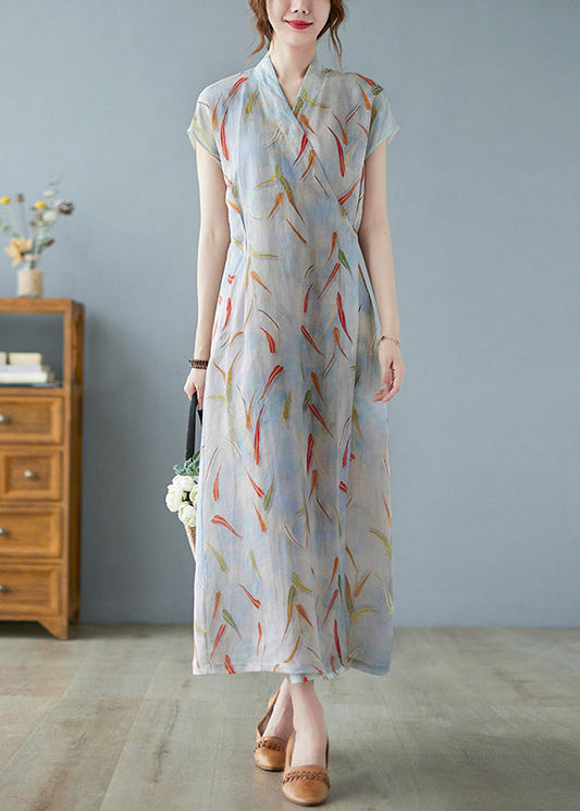 Vintage Print Leinen Sommer Taille Kleid Krawatte Lange