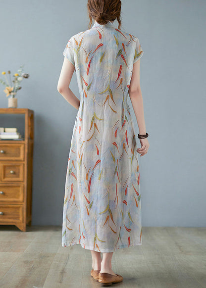 Vintage Print Leinen Sommer Taille Kleid Krawatte Lange