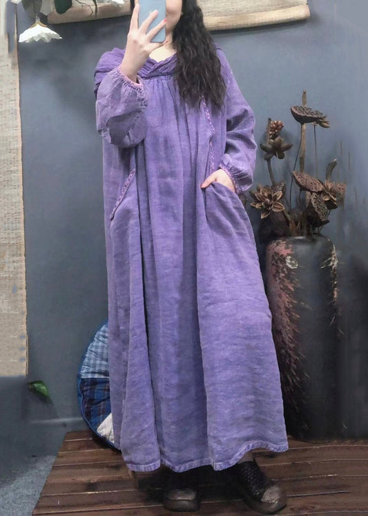 Vintage Purple Hooded Pockets Solid Linen Long Dress Spring AA1045