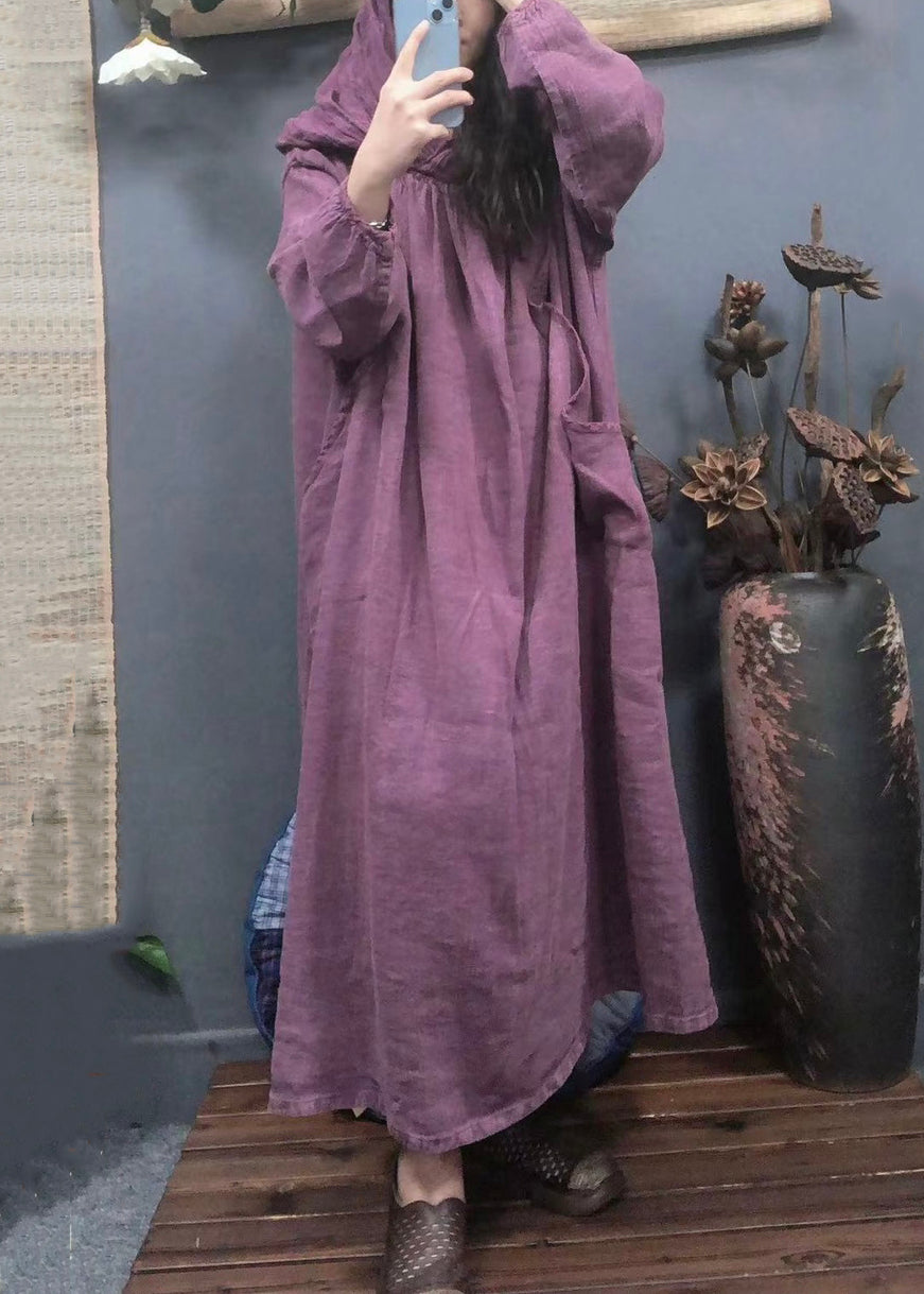 Vintage Purple Hooded Pockets Solid Linen Long Dress Spring AA1045