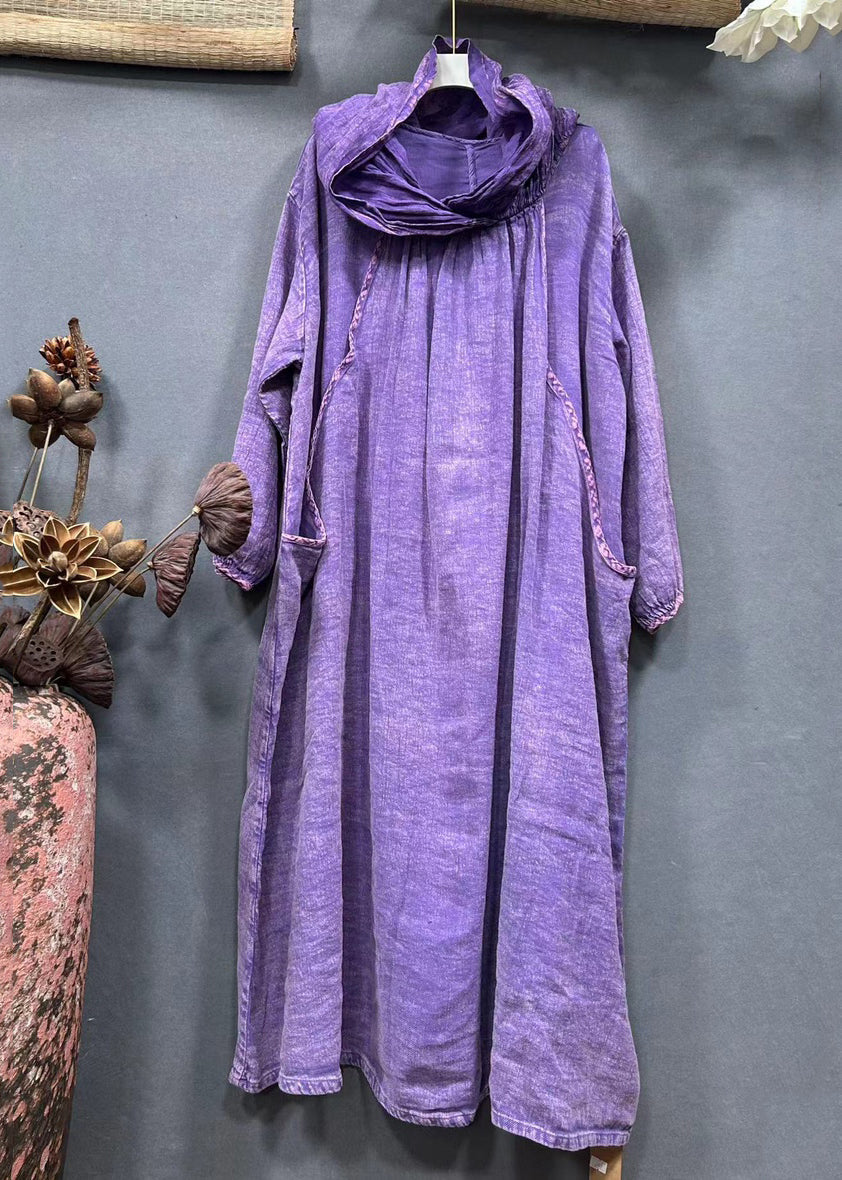 Vintage Purple Hooded Pockets Solid Linen Long Dress Spring AA1045