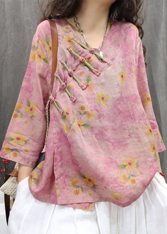 Lila V-Knopf Vintage Chinesisches Frühlings-Leinenhalshemd