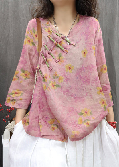 Lila V-Knopf Vintage Chinesisches Frühlings-Leinenhalshemd