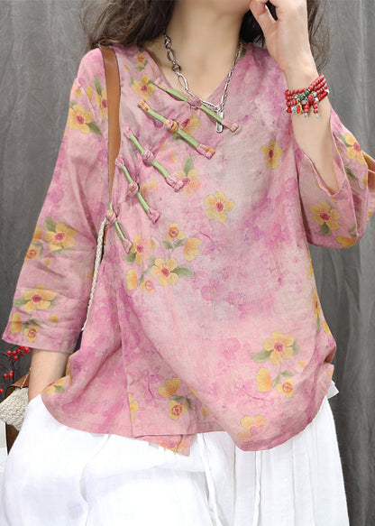 Purple Shirt Button Neck Vintage Linen Chinese Spring V