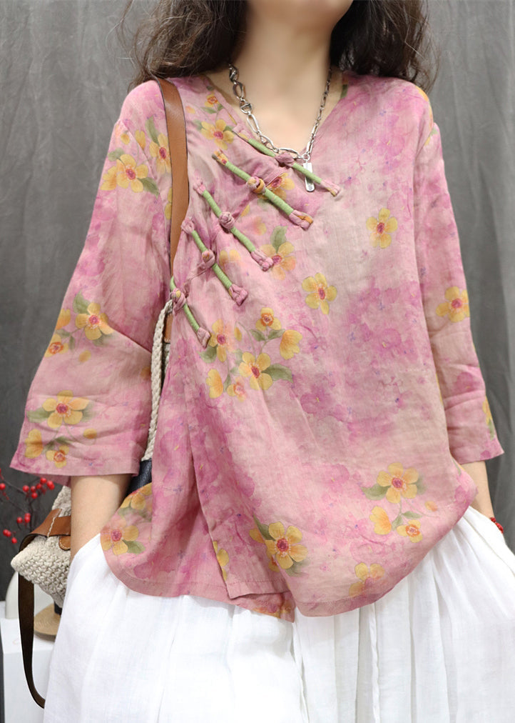 Lila V-Knopf Vintage Chinesisches Frühlings-Leinenhalshemd