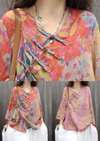 Purple Shirt Button Neck Vintage Linen Chinese Spring V