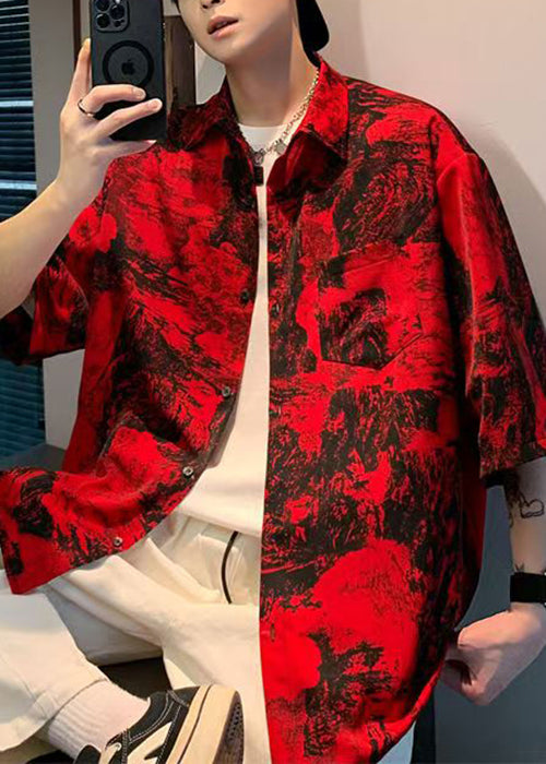 Print Button Sleeve Cotton Shirts Red Vintage Men Half Pockets