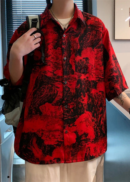 Print Button Sleeve Cotton Shirts Red Vintage Men Half Pockets
