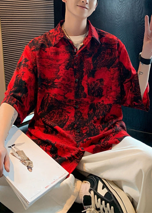 Print Button Sleeve Cotton Shirts Red Vintage Men Half Pockets