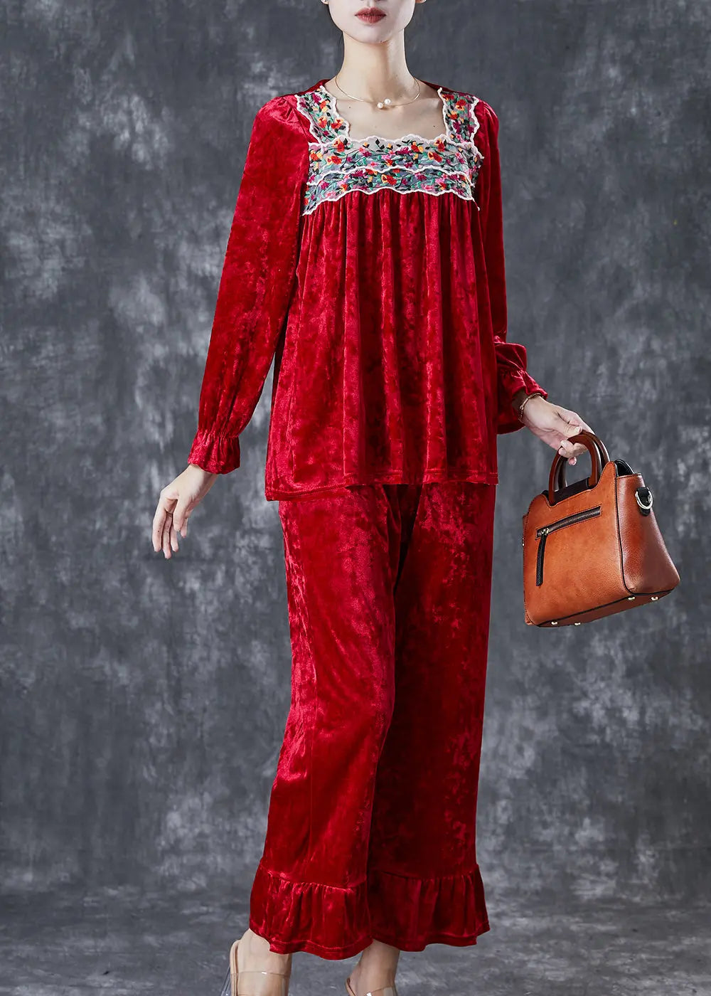 Vintage Red Embroidered Patchwork Silk Velour Women Two Piece Set Fall Ada Fashion
