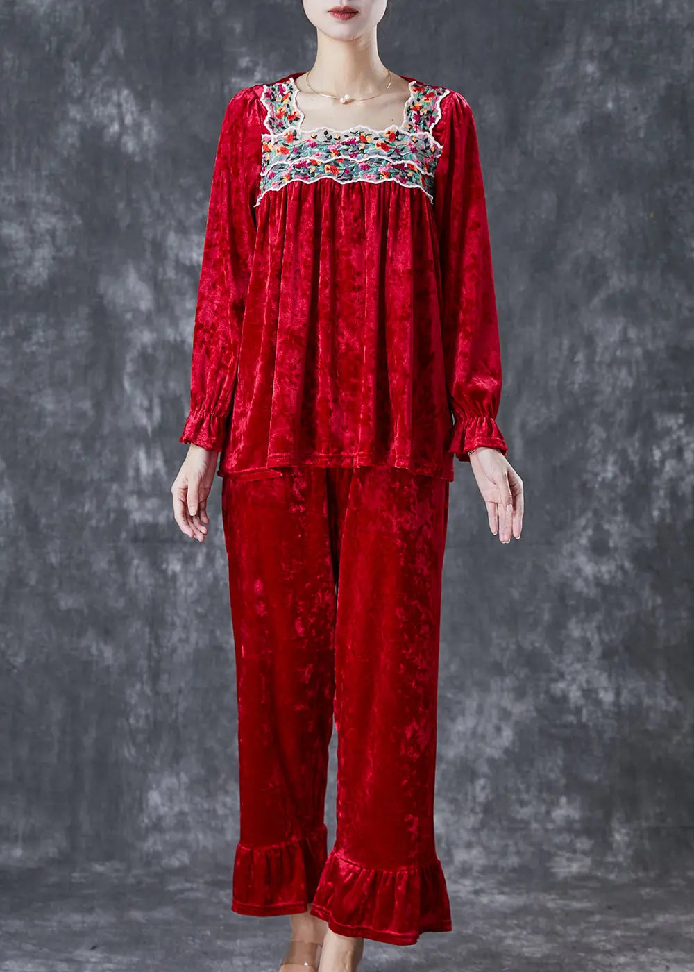 Vintage Red Embroidered Patchwork Silk Velour Women Two Piece Set Fall Ada Fashion