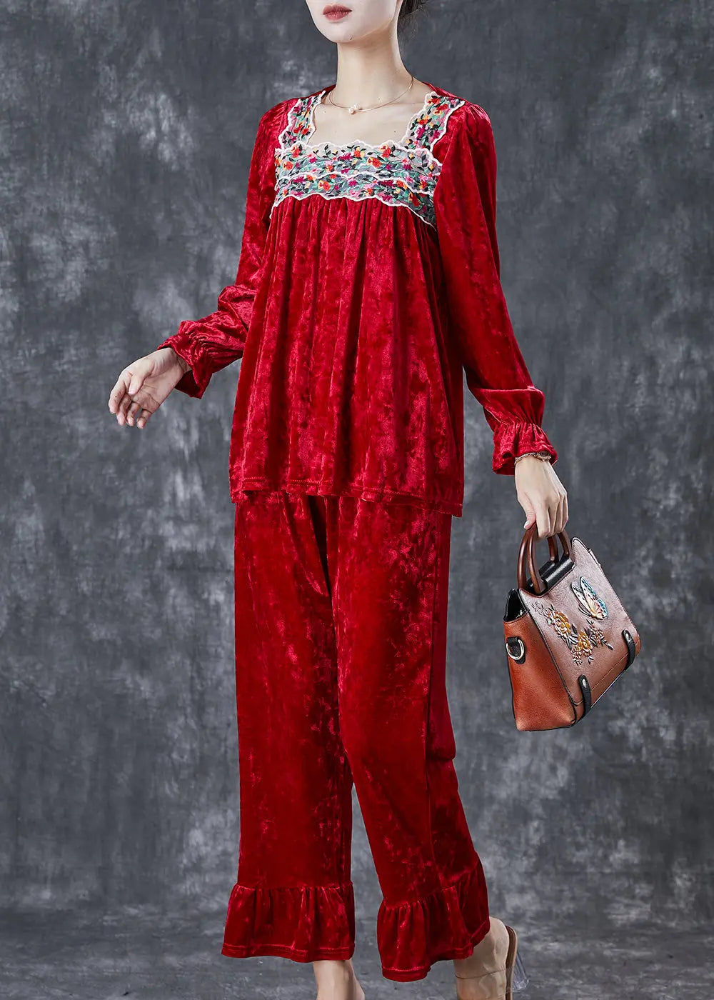 Vintage Red Embroidered Patchwork Silk Velour Women Two Piece Set Fall Ada Fashion