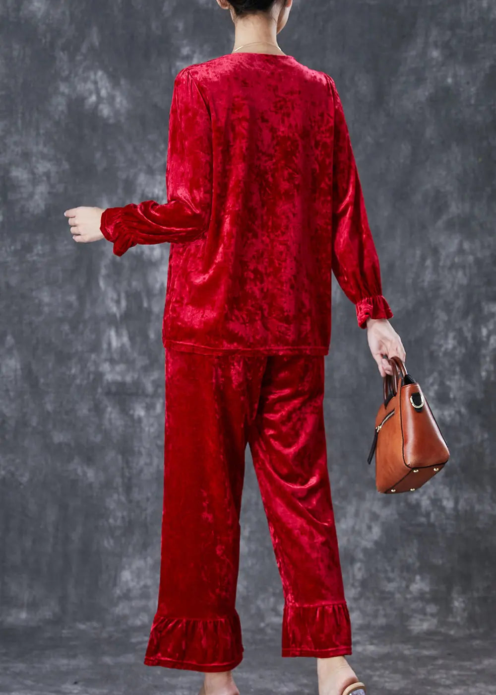 Vintage Red Embroidered Patchwork Silk Velour Women Two Piece Set Fall Ada Fashion