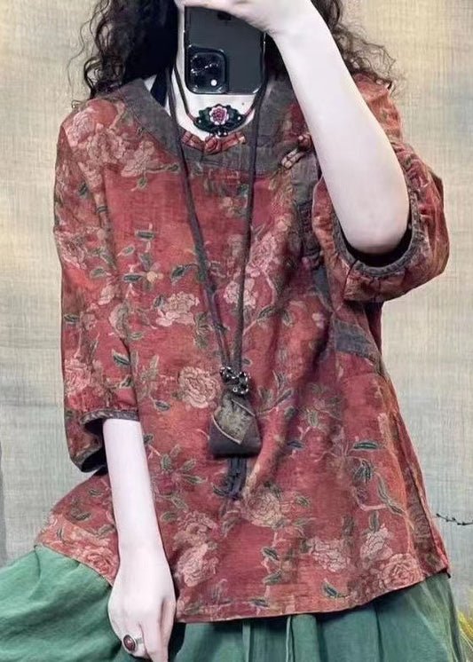 Vintage Red O Neck Print Oriental Button Linen Shirts Bracelet Sleeve FF024