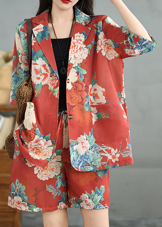 Roter Druck Zwei Halb-Vintage-Stücke aus Baumwolle mit Ärmeltaschen