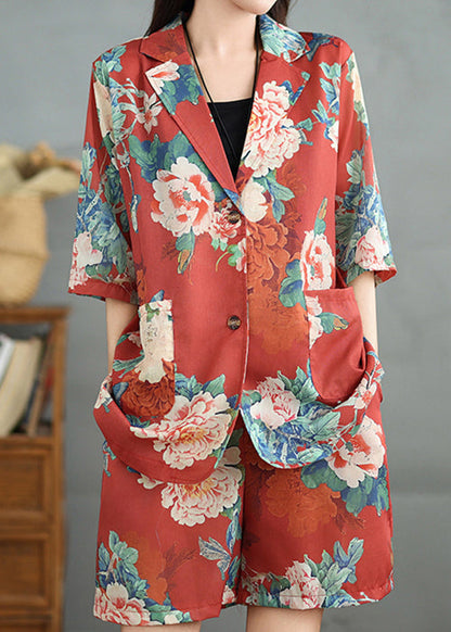 Roter Druck Zwei Halb-Vintage-Stücke aus Baumwolle mit Ärmeltaschen