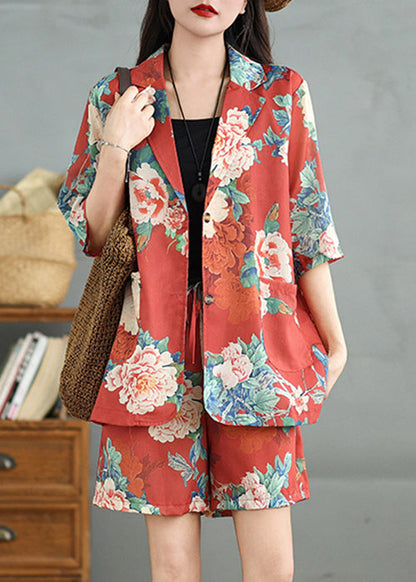 Roter Druck Zwei Halb-Vintage-Stücke aus Baumwolle mit Ärmeltaschen