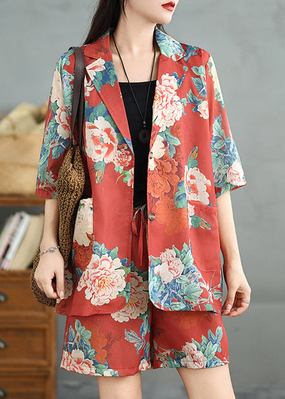 Roter Druck Zwei Halb-Vintage-Stücke aus Baumwolle mit Ärmeltaschen