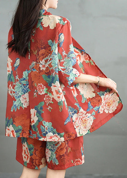 Sleeve Print Half Pockets Pieces Set Red Cotton Two Vintage