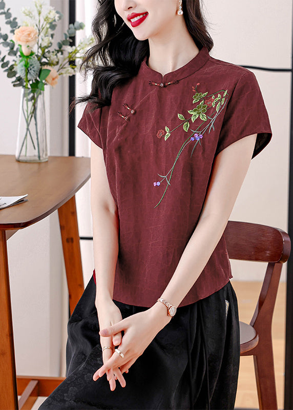 Vintage Red Stand Collar Embroidered Silk Blouses Summer BB026