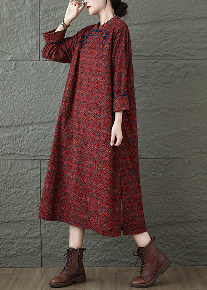 Vintage Red Stand Collar Print Oriental Button Cotton Dress Fall RU039