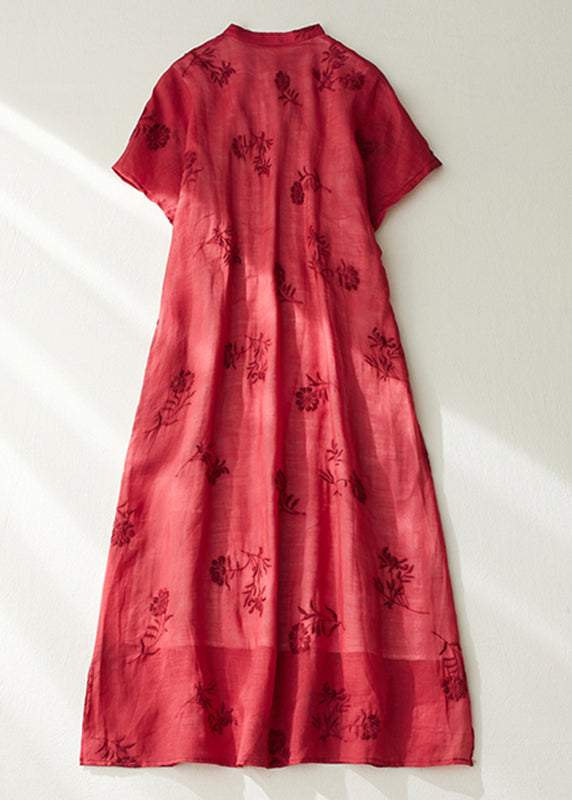 Vintage Red Stand Collar Side Open Layered Maxi Dress Short Sleeve VV089